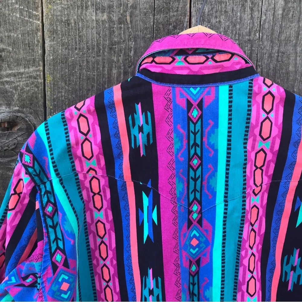 Vintage 90s Wrangler Southwest Aztec Navajo Print Cowboy Rodeo Shirt 16 1/2 - 34 - Picture 6 of 6